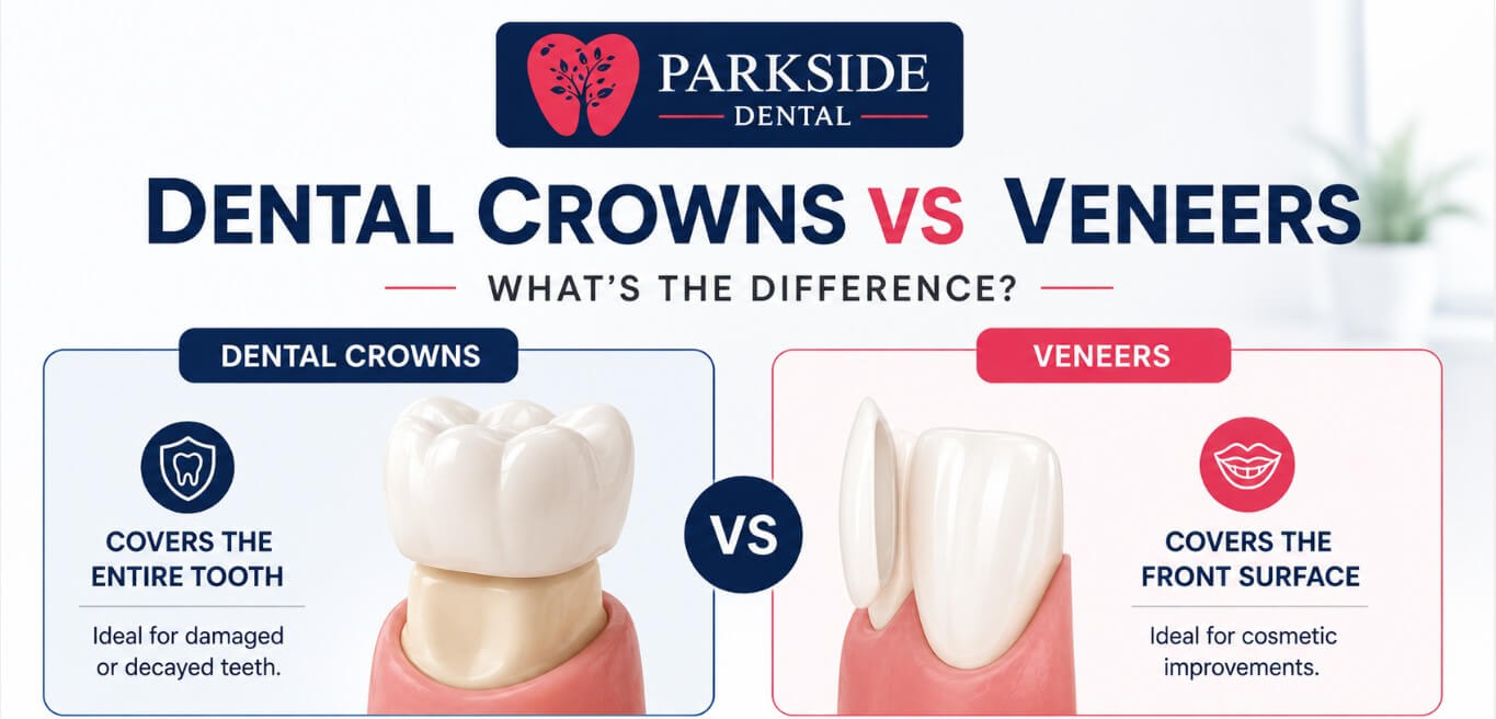 Dental crowns vs veneers comparison infographic from ParkSide Dental showing the difference between full dental crowns and cosmetic veneers in Brooklyn.