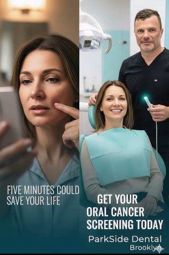 Promotional banner for ParkSide Dental Brooklyn featuring Dr. Anton Moskalenko performing an oral cancer screening. The split-screen image shows a woman checking her mouth in a mirror alongside a clinical scene of a patient receiving a screening. Text overlay reads: "Five minutes could save your life. Get your oral cancer screening today.