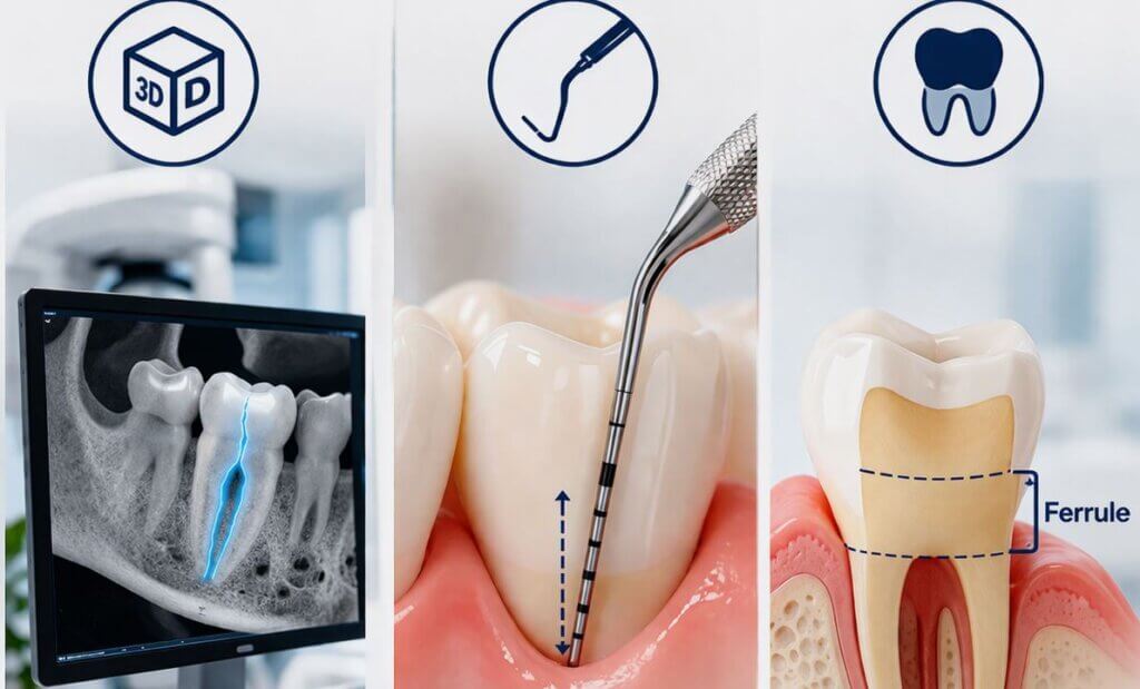 Dental diagnostic illustration showing CBCT scan detecting tooth fracture, probing depth measurement, and structural ferrule assessment.