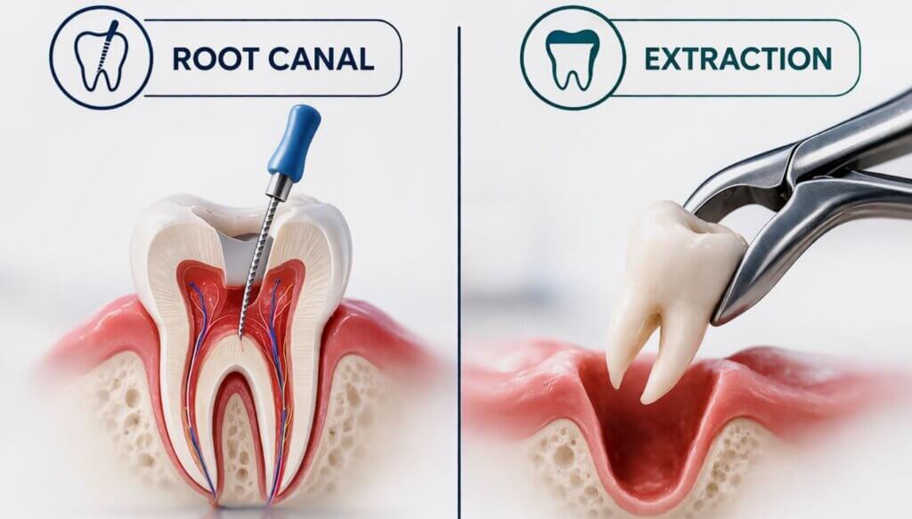Split dental illustration comparing root canal treatment preserving a tooth versus tooth extraction removing the entire tooth from the gum.