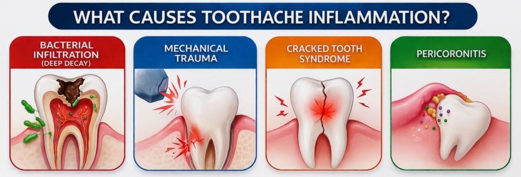 Dental infographic showing causes of toothache inflammation including deep decay, mechanical trauma, cracked tooth syndrome, and pericoronitis, plus progression from reversible to irreversible pulpitis.