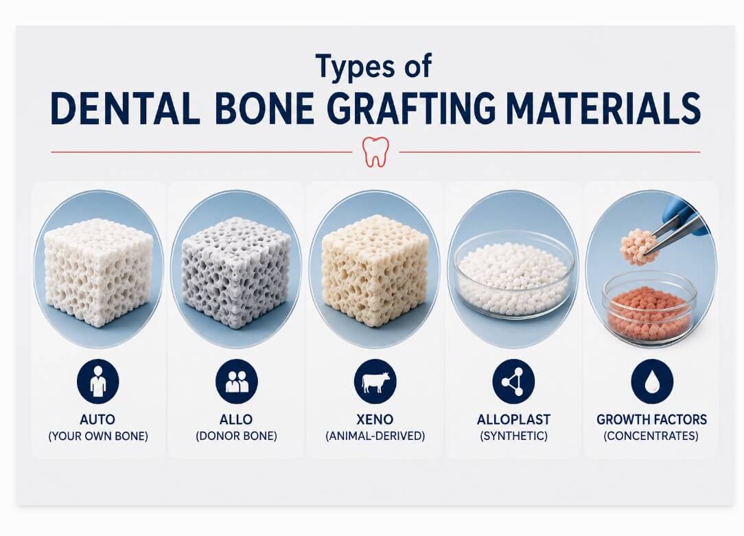 Types of dental bone grafting materials for dental implants at ParkSide Dental in Brooklyn, NY, including autograft, allograft, xenograft and synthetic grafts